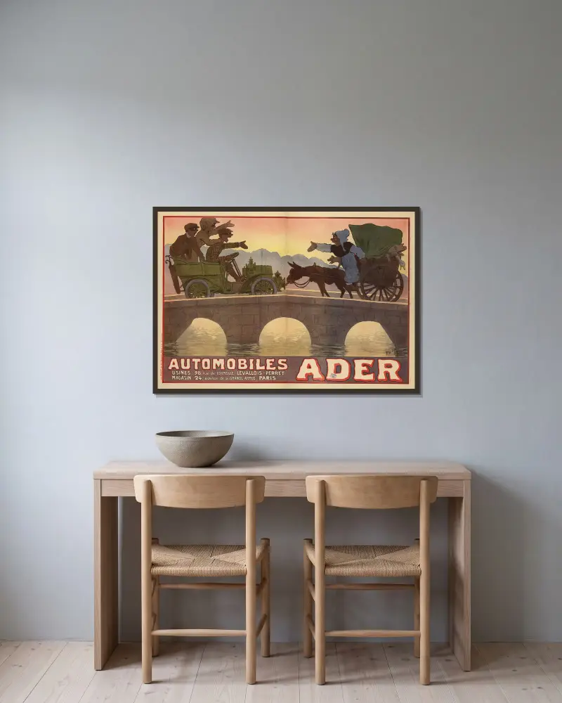 Automobiles Ader. Fabriker, 98 rue de Cormeilles, Levallois-Perret – Butik, 24 avenue de la Grande-Armée, Paris av Georges Meunier inramad på en vägg