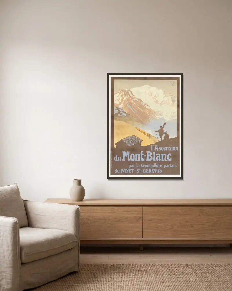 Bestigning av Mont Blanc av Georges Meunier inramad på en vägg
