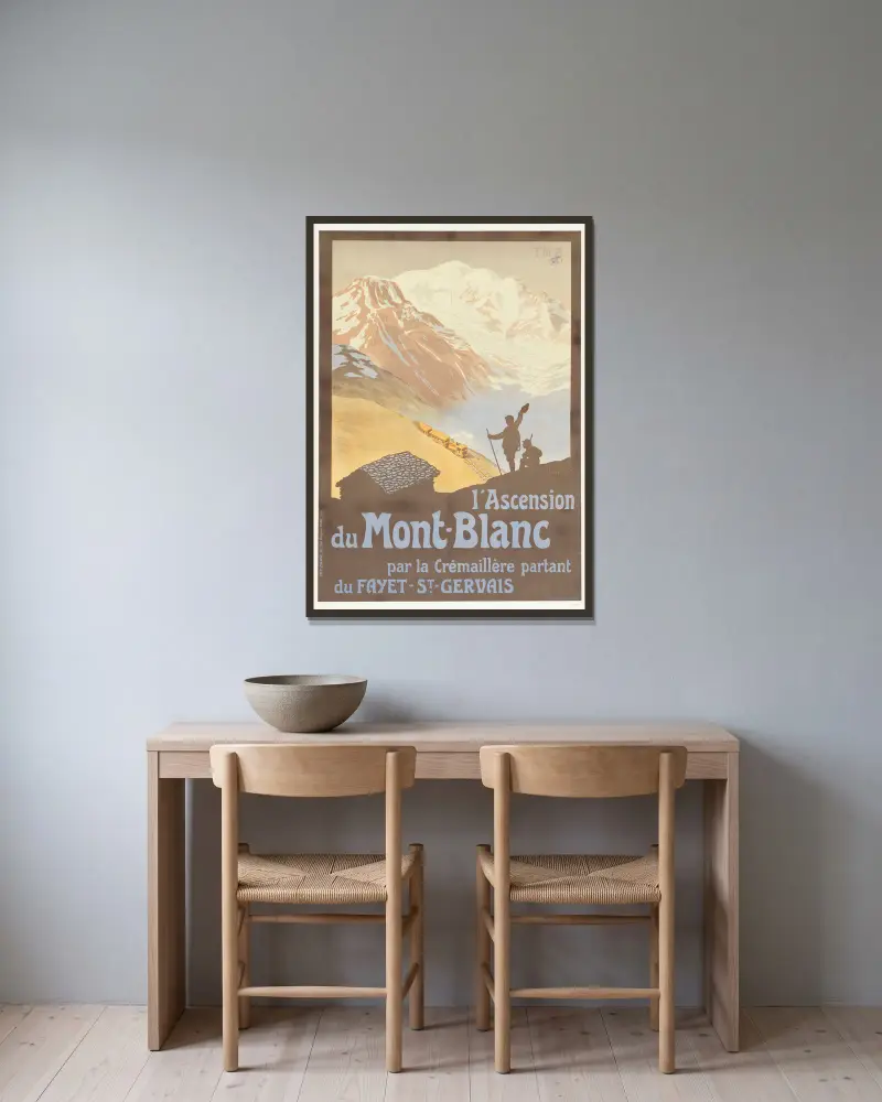 Bestigning av Mont Blanc av Georges Meunier inramad på en vägg