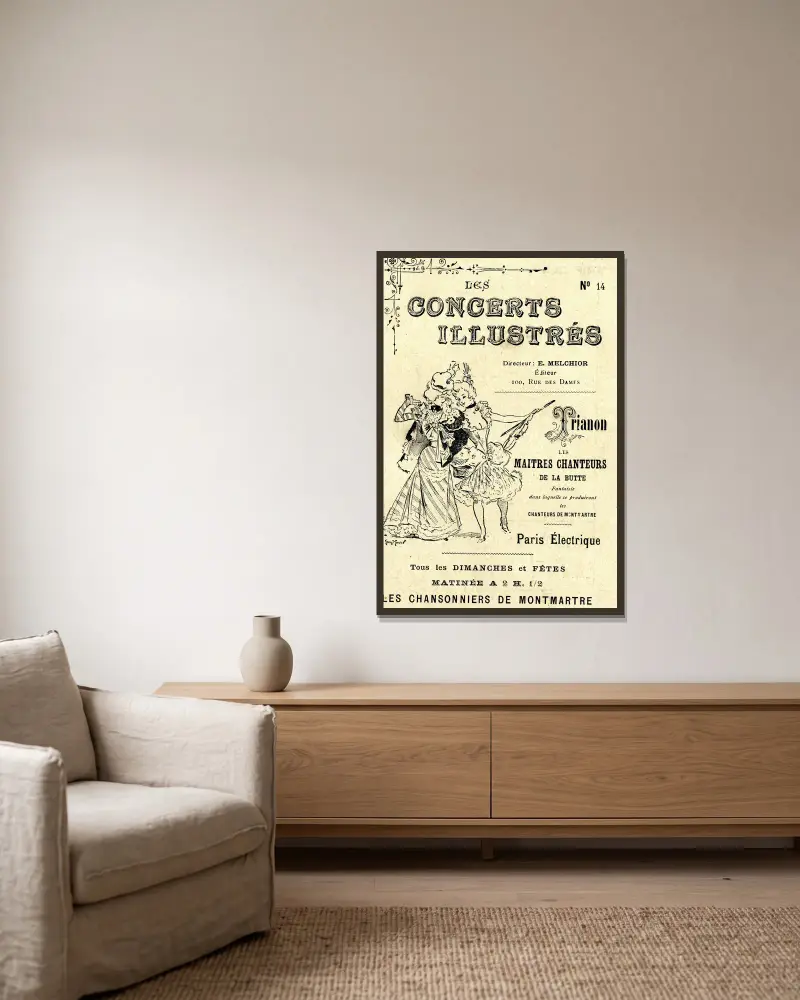 Illustrerade konserter nr 14 av Georges Meunier inramad på en vägg