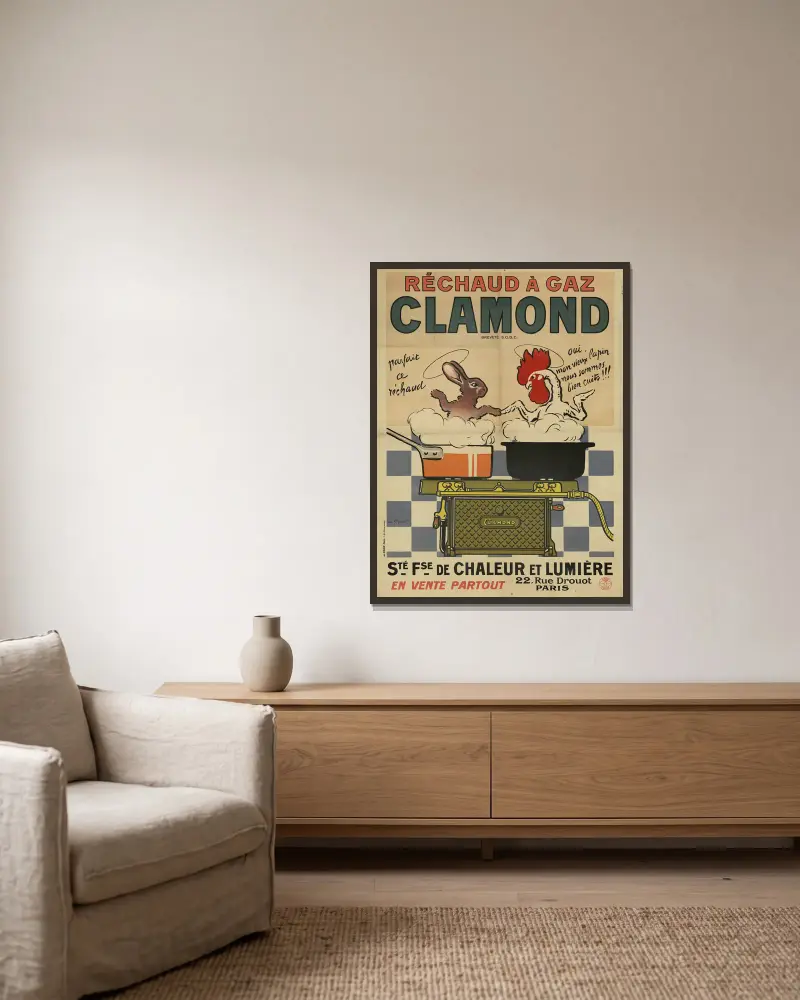 Réchaud à gaz Clamond. Société française de chaleur et lumière, 22, rue Drouot, Paris. kanin, tupp av Georges Meunier inramad på en vägg