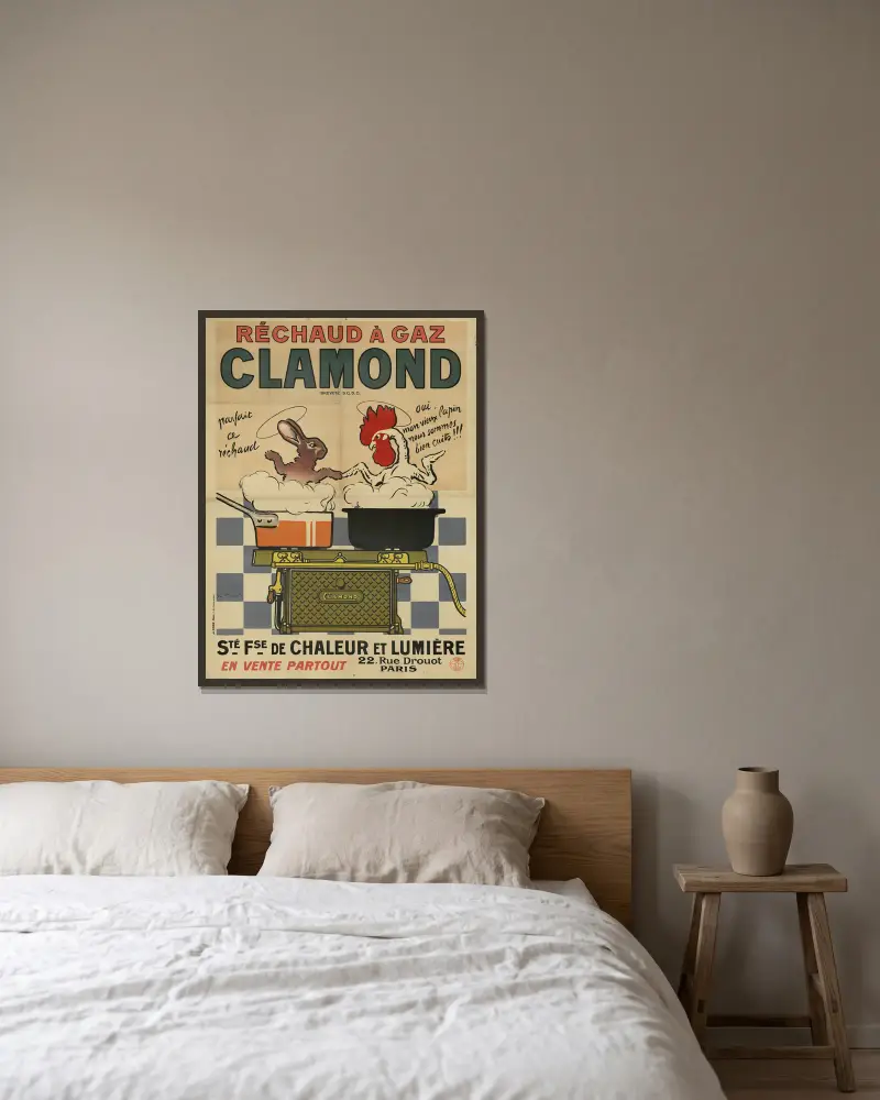 Réchaud à gaz Clamond. Société française de chaleur et lumière, 22, rue Drouot, Paris. kanin, tupp av Georges Meunier inramad på en vägg