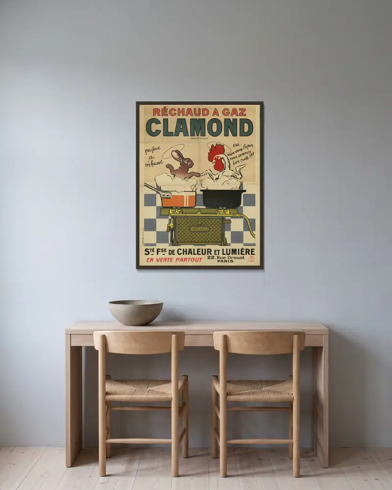 Réchaud à gaz Clamond. Société française de chaleur et lumière, 22, rue Drouot, Paris. kanin, tupp av Georges Meunier inramad på en vägg