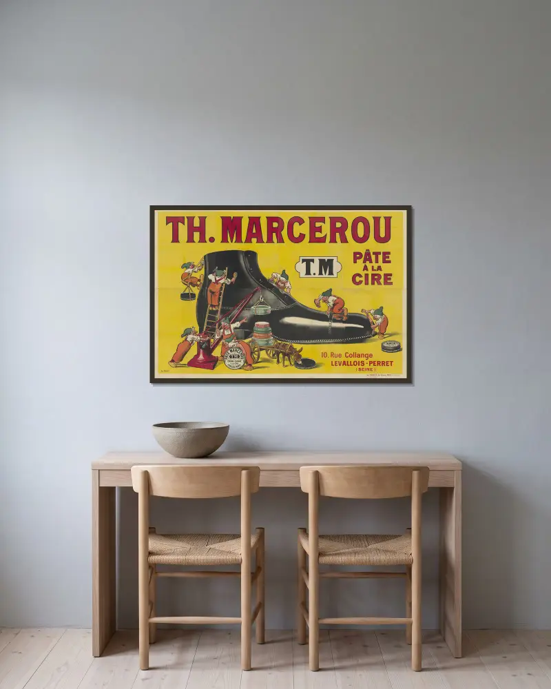 TH. Marcerou. Pâte à la cire. T.M. 10 rue Collange, Levallois-Perret (Seine) av Georges Meunier inramad på en vägg