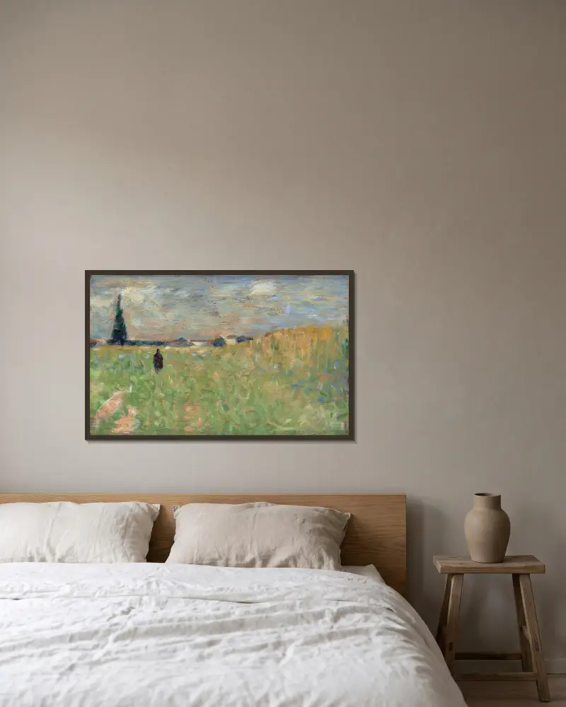 A Summer Landscape av Georges Seurat inramad på en vägg