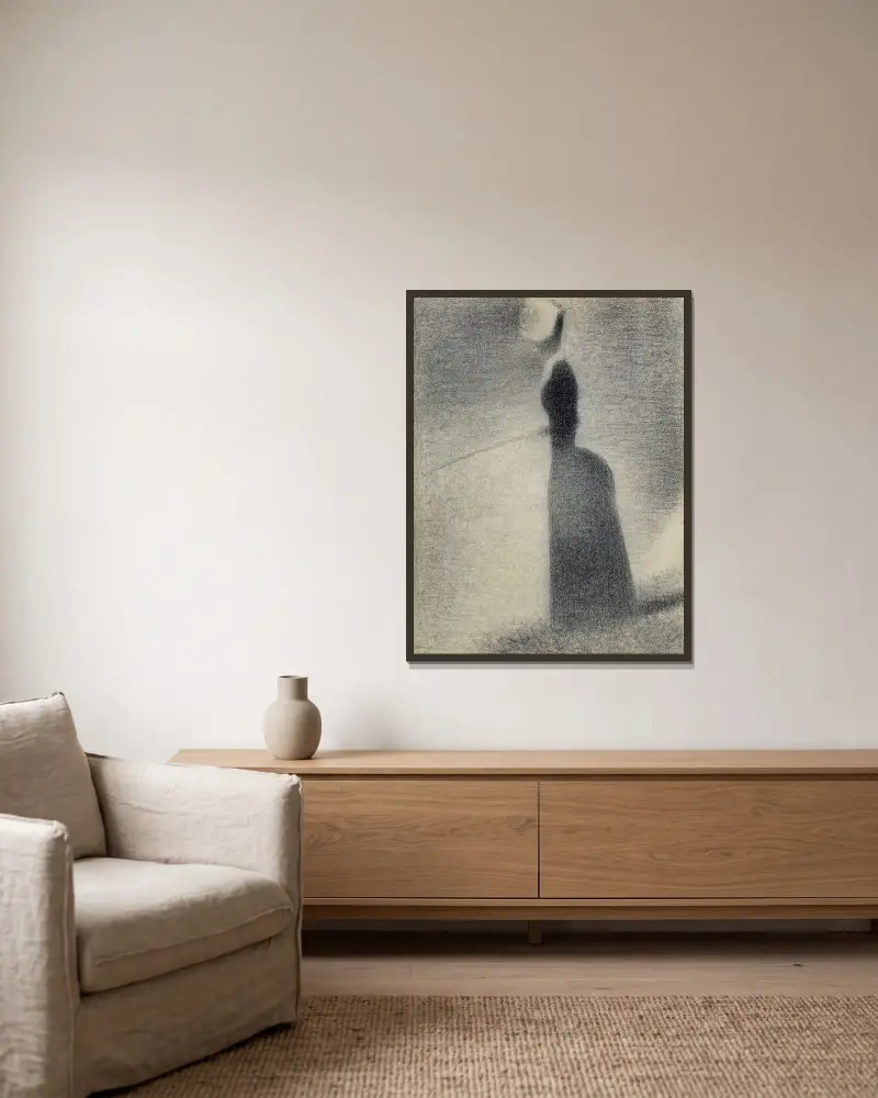 En kvinna som fiskar av Georges Seurat inramad på en vägg