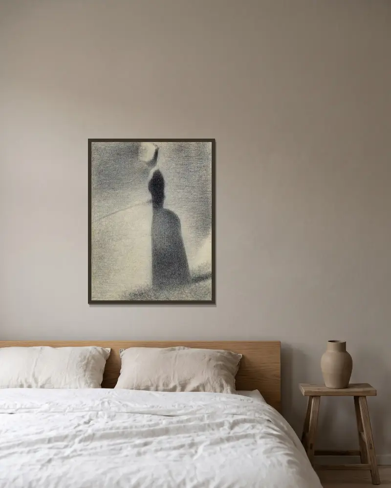 En kvinna som fiskar av Georges Seurat inramad på en vägg