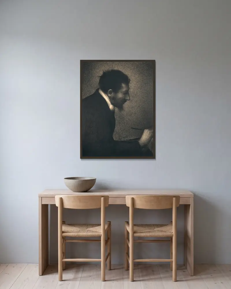 Aman-Jean (Porträt von Edmond François Aman-Jean) von Georges Seurat gerahmt an einer Wand