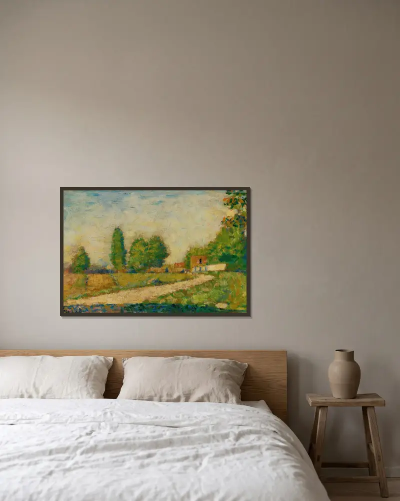 Au Bord Du Village av Georges Seurat inramad på en vägg