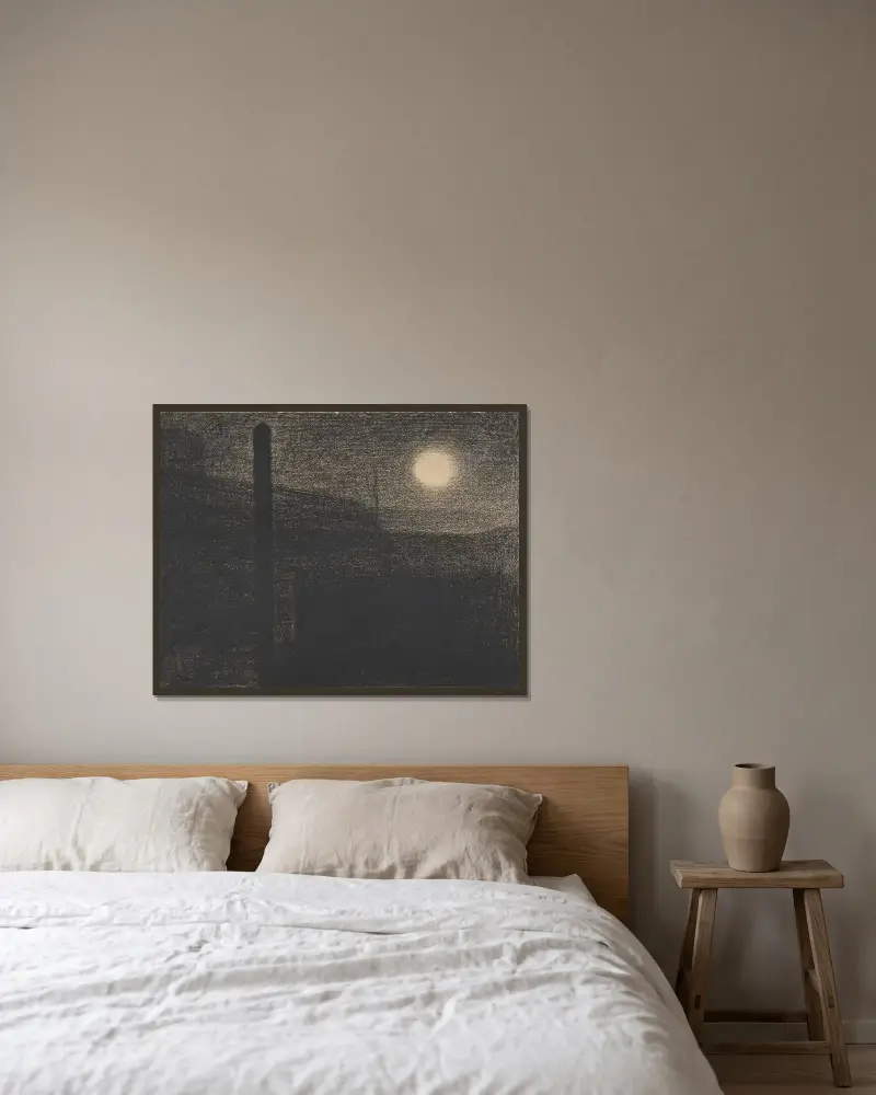 Courbevoie; fabriker i månsken av Georges Seurat inramad på en vägg