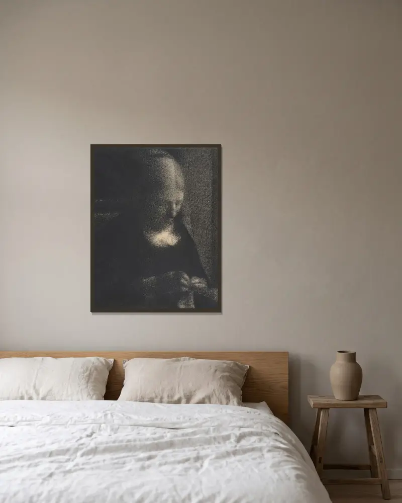 Broderi; konstnärens mor av Georges Seurat inramad på en vägg