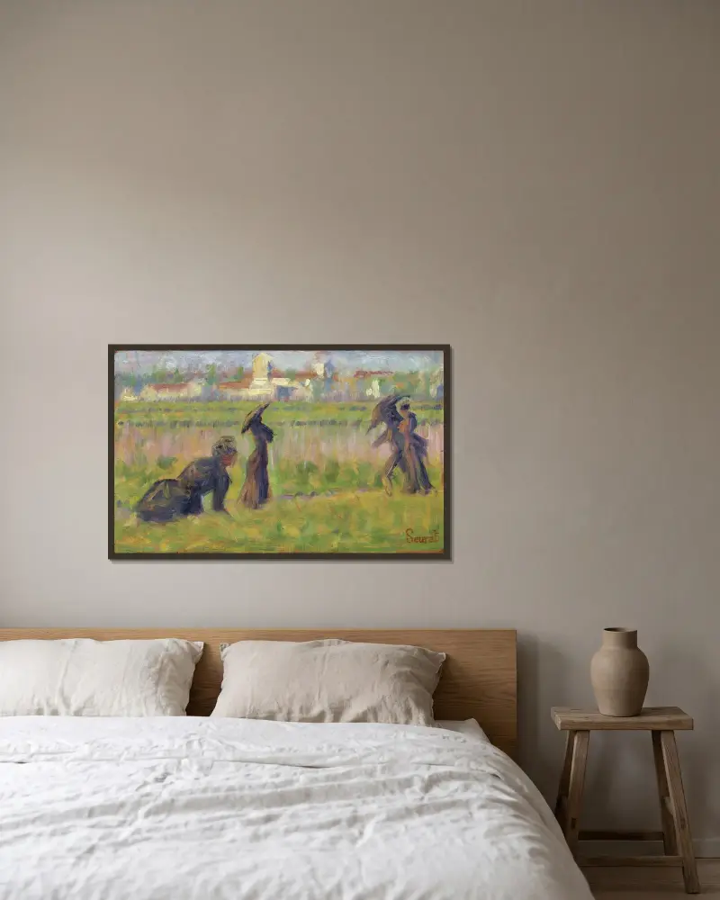 Figures in a Landscape von Georges Seurat gerahmt an einer Wand