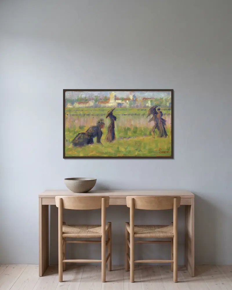 Figures in a Landscape von Georges Seurat gerahmt an einer Wand
