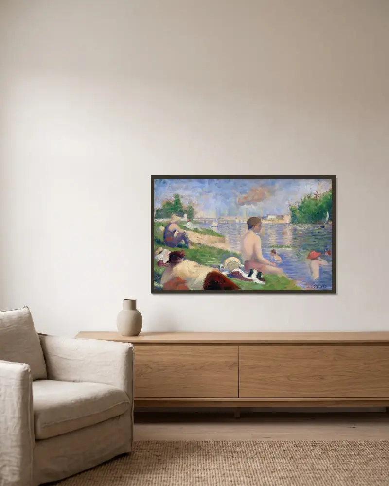 Endgültige Studie für „Badende in Asnières“ von Georges Seurat gerahmt an einer Wand