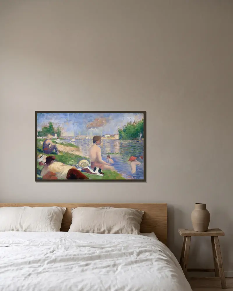 Endgültige Studie für „Badende in Asnières“ von Georges Seurat gerahmt an einer Wand