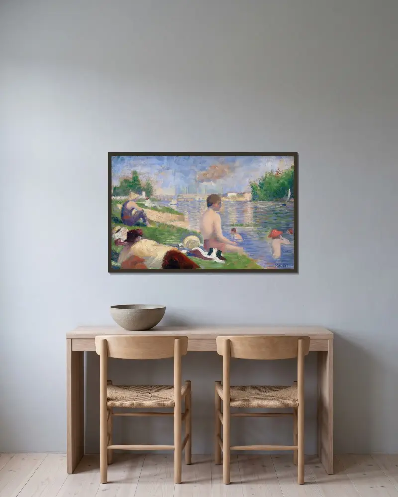 Endgültige Studie für „Badende in Asnières“ von Georges Seurat gerahmt an einer Wand