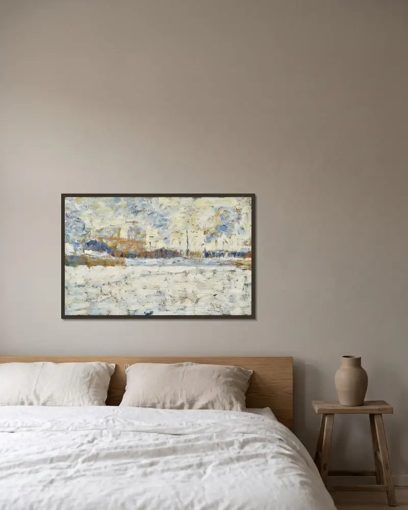 Vinter i förorten av Georges Seurat inramad på en vägg
