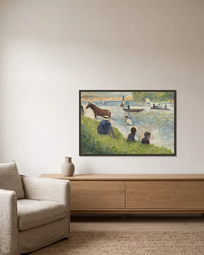 Hästar och båtar (studie till Badarna i Asnières) av Georges Seurat inramad på en vägg