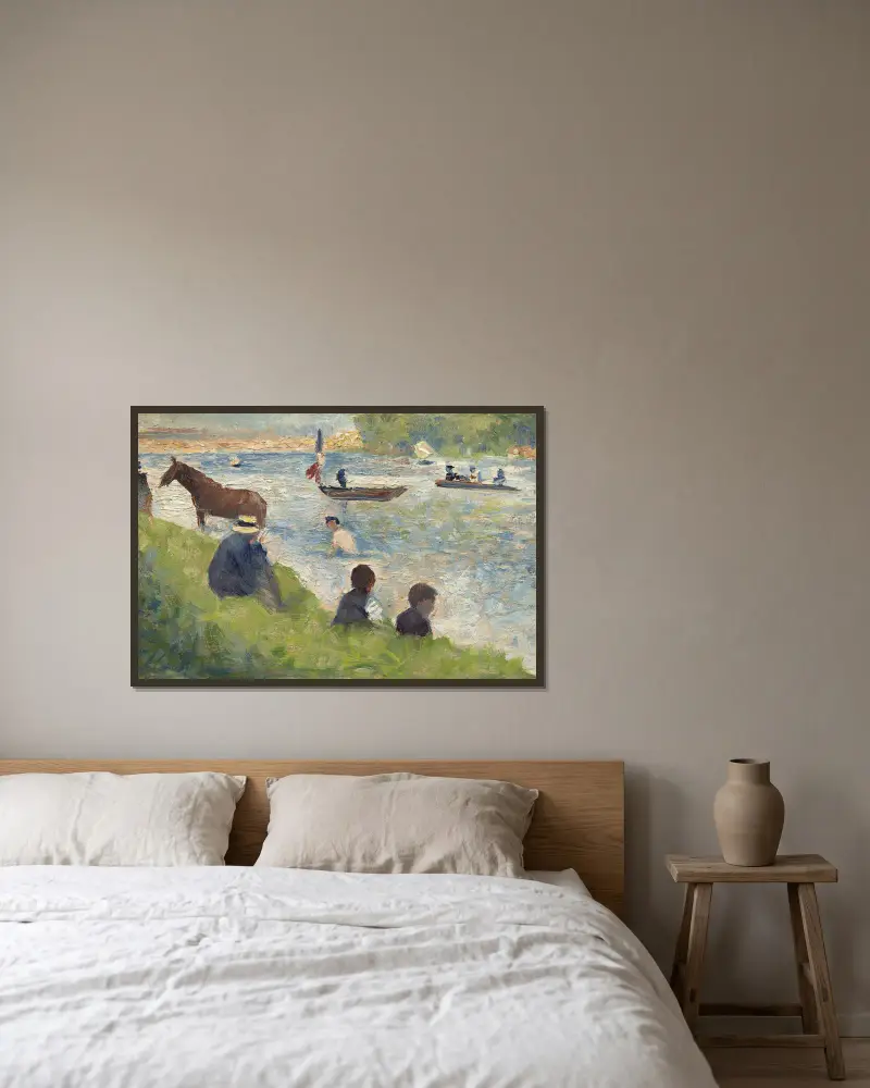 Hästar och båtar (studie till Badarna i Asnières) av Georges Seurat inramad på en vägg