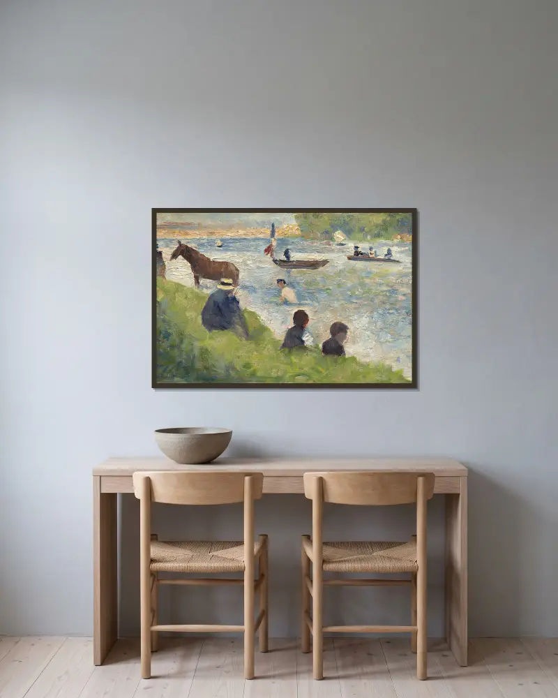 Hästar och båtar (studie till Badarna i Asnières) av Georges Seurat inramad på en vägg