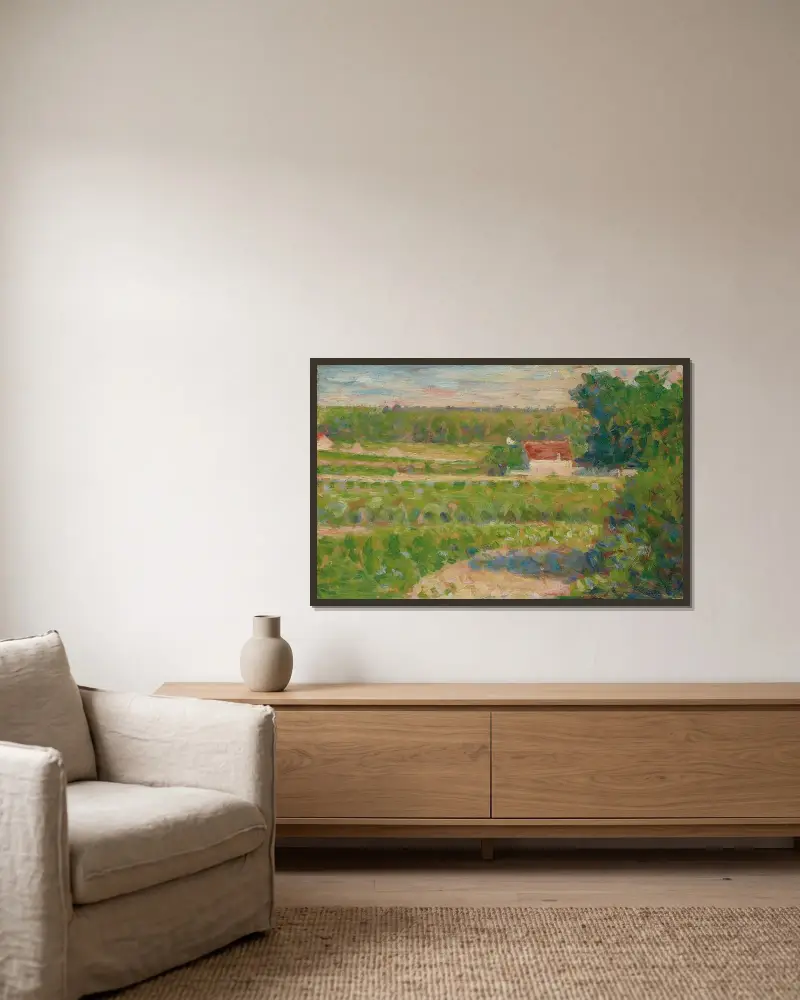 Das Haus mit dem roten Dach von Georges Seurat gerahmt an einer Wand