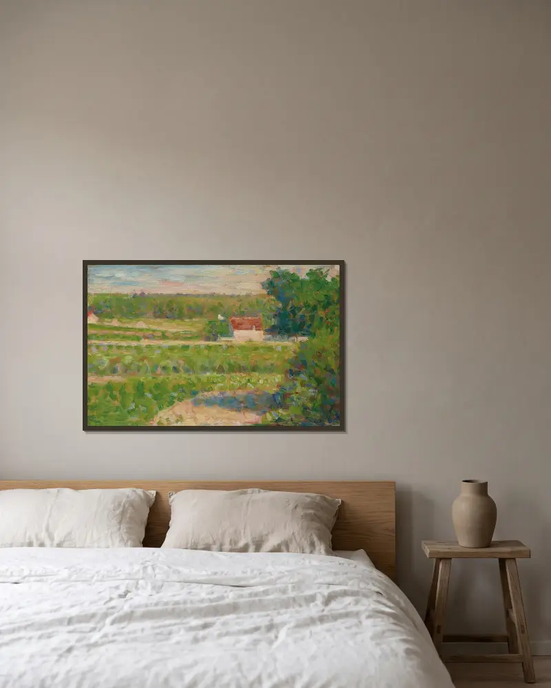 Das Haus mit dem roten Dach von Georges Seurat gerahmt an einer Wand
