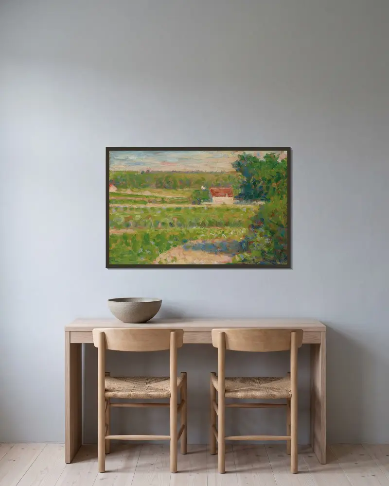Das Haus mit dem roten Dach von Georges Seurat gerahmt an einer Wand