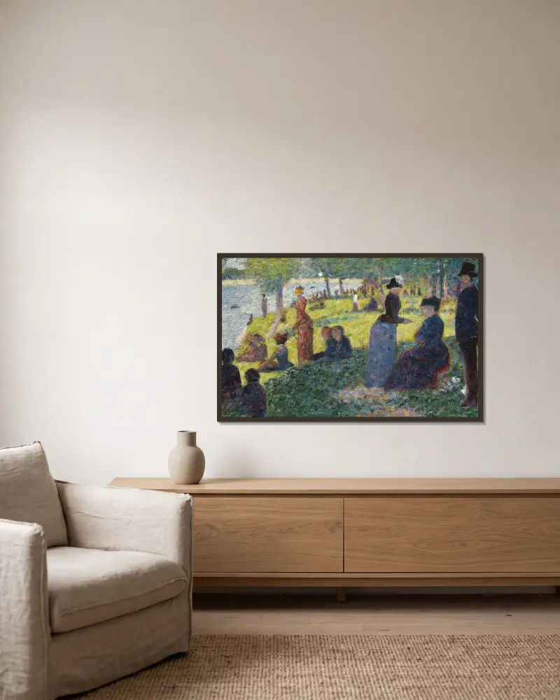 Ölskizze für „Ein Sonntagnachmittag auf der Insel La Grande Jatte“ von Georges Seurat gerahmt an einer Wand