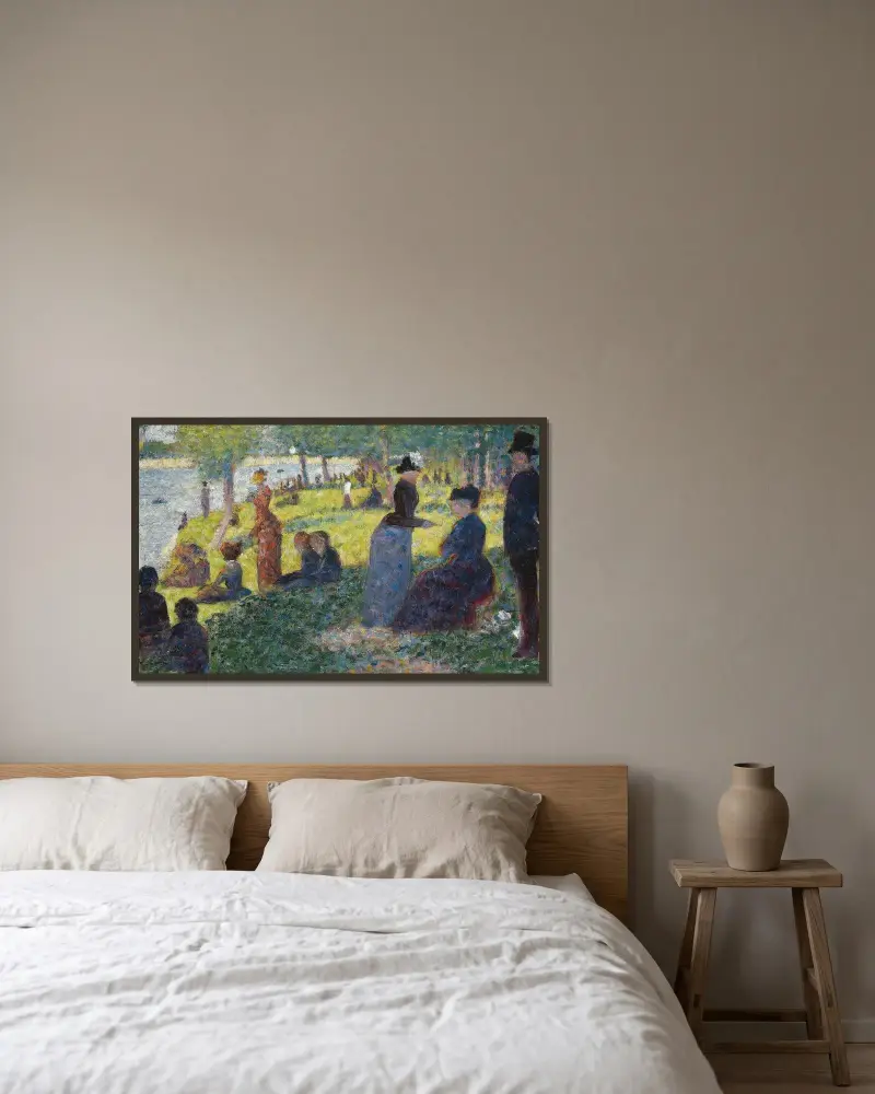 Ölskizze für „Ein Sonntagnachmittag auf der Insel La Grande Jatte“ von Georges Seurat gerahmt an einer Wand