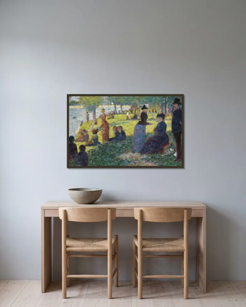 Ölskizze für „Ein Sonntagnachmittag auf der Insel La Grande Jatte“ von Georges Seurat gerahmt an einer Wand