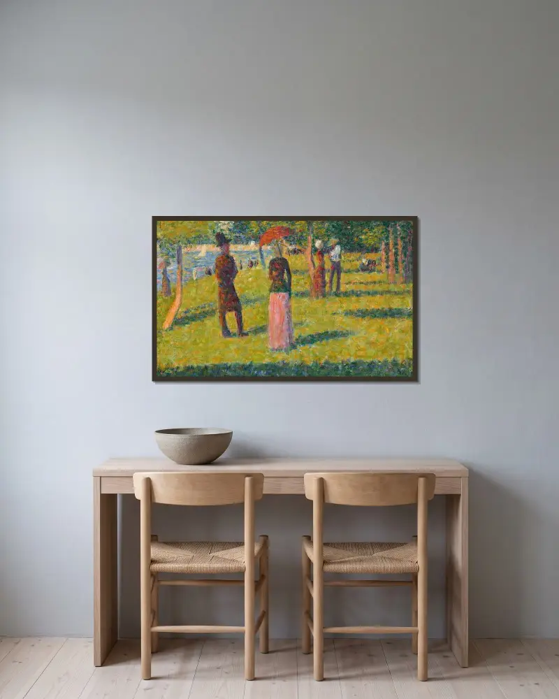 Landskap och figurer (Den rosa kjolen) av Georges Seurat inramad på en vägg