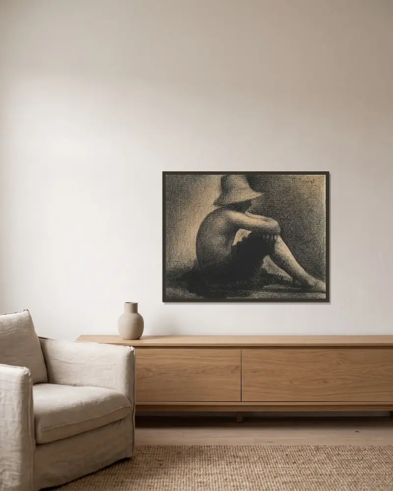 Sitzender Junge mit Strohhut, Studie zu Badende in Asnières von Georges Seurat gerahmt an einer Wand