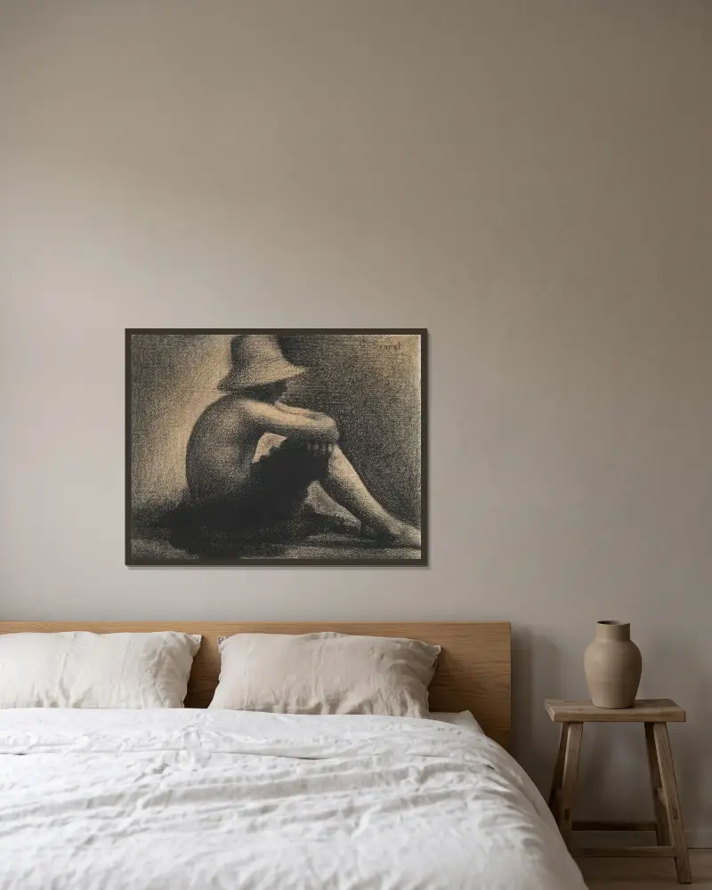 Sitzender Junge mit Strohhut, Studie zu Badende in Asnières von Georges Seurat gerahmt an einer Wand