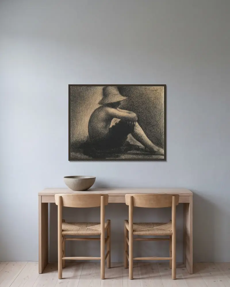 Sitzender Junge mit Strohhut, Studie zu Badende in Asnières von Georges Seurat gerahmt an einer Wand