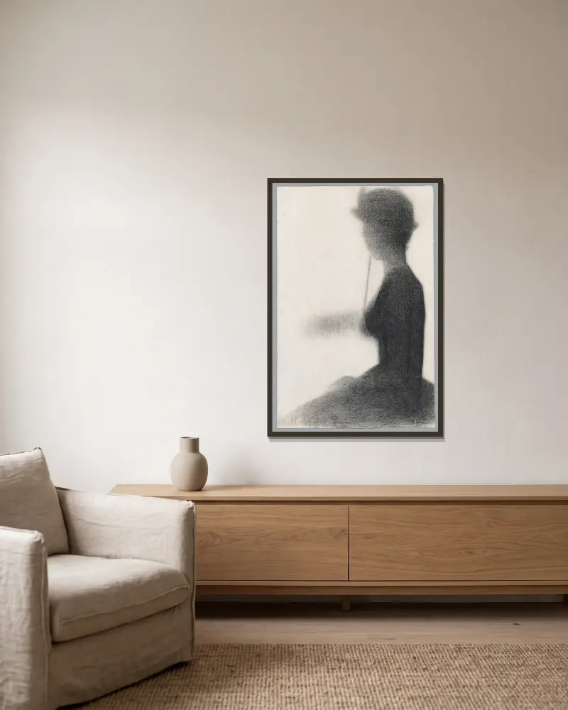 Sitzende Frau mit Sonnenschirm von Georges Seurat gerahmt an einer Wand