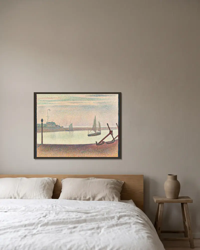 Kanalen vid Gravelines, kväll av Georges Seurat inramad på en vägg