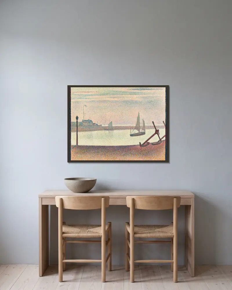 Kanalen vid Gravelines, kväll av Georges Seurat inramad på en vägg