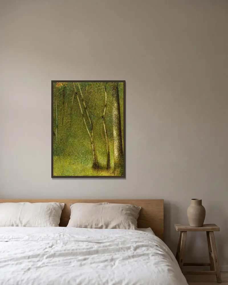 The Forest at Pontaubert av Georges Seurat inramad på en vägg