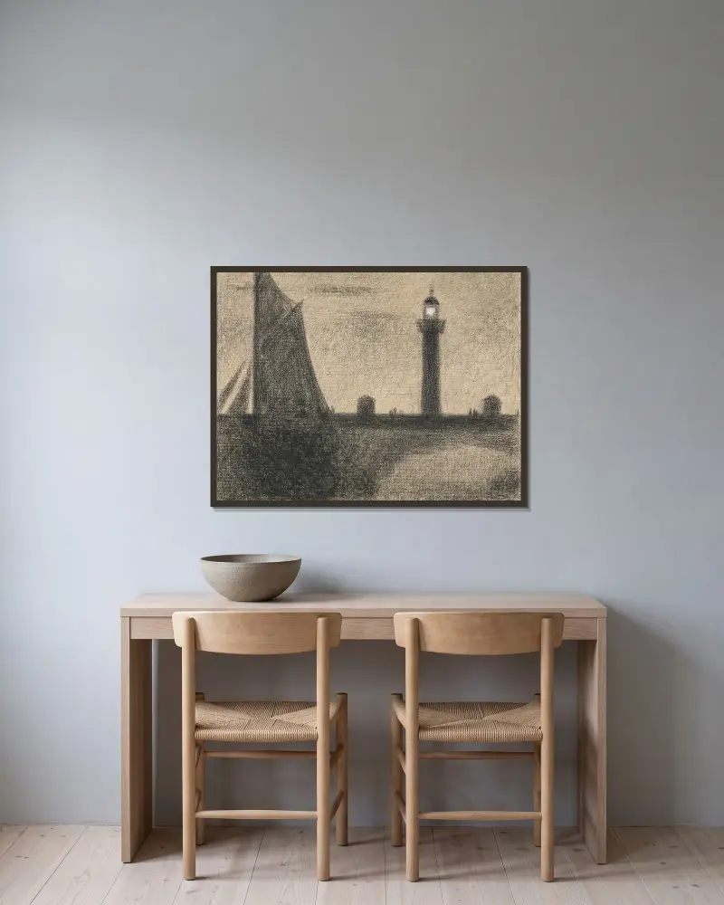 The Lighthouse at Honfleur, 1886 – nr 2 av Georges Seurat inramad på en vägg