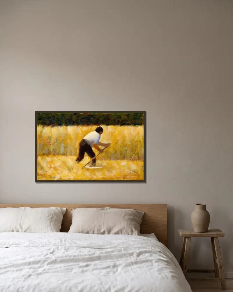 The Mower av Georges Seurat inramad på en vägg