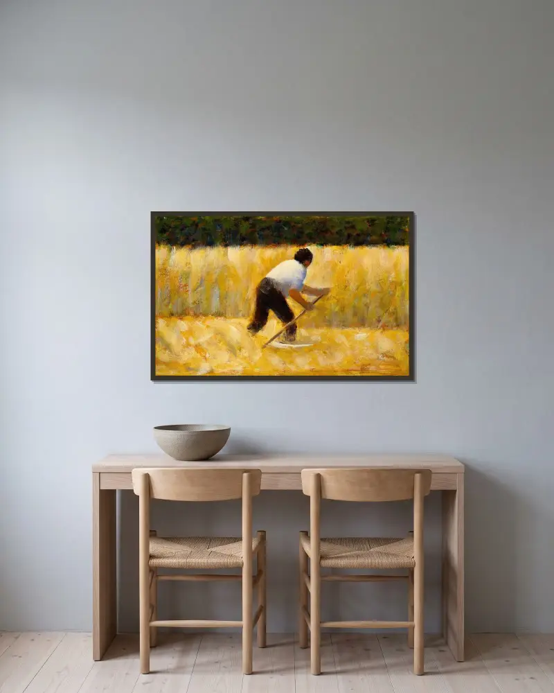 The Mower av Georges Seurat inramad på en vägg