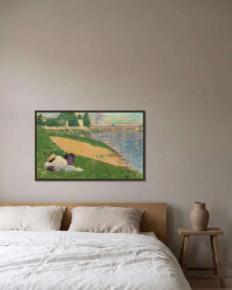 Seinen med kläder på stranden (studie till Badarna i Asnières) av Georges Seurat inramad på en vägg