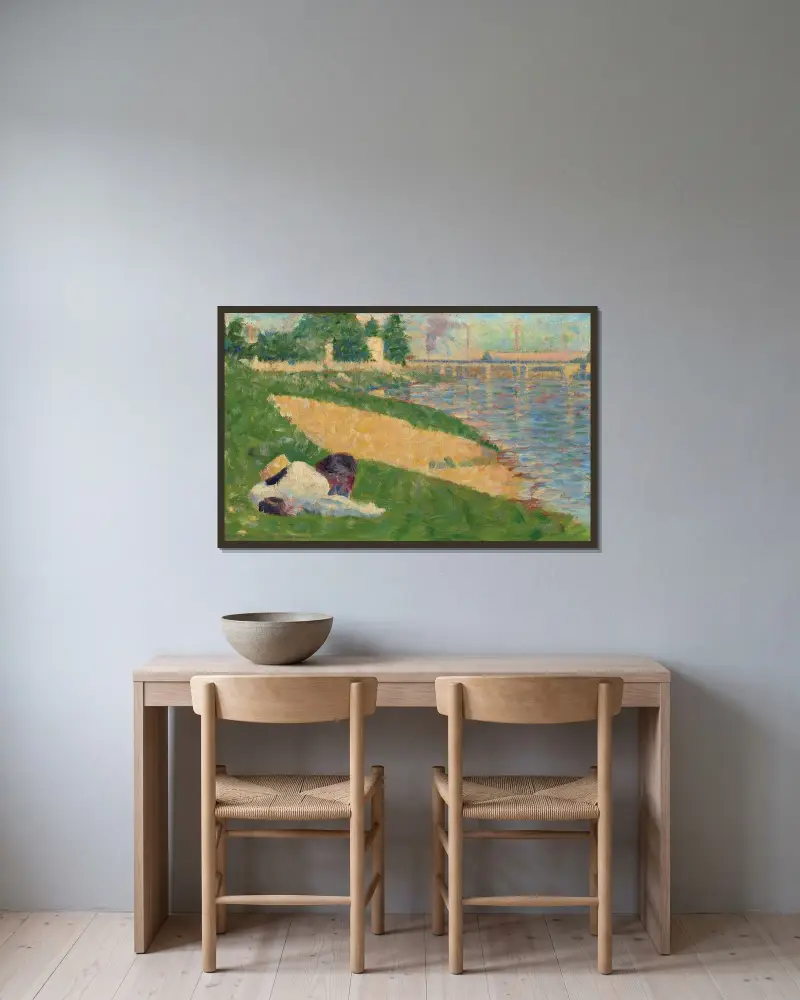 Seinen med kläder på stranden (studie till Badarna i Asnières) av Georges Seurat inramad på en vägg