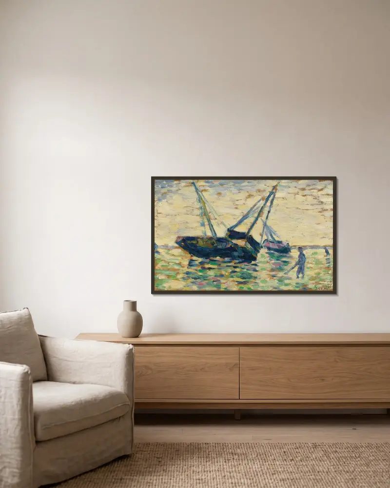 Tre båtar och en sjöman (studie för Strandningen vid Grandcamp) av Georges Seurat inramad på en vägg