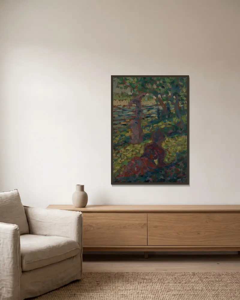 Kvinna i en park av Georges Seurat inramad på en vägg