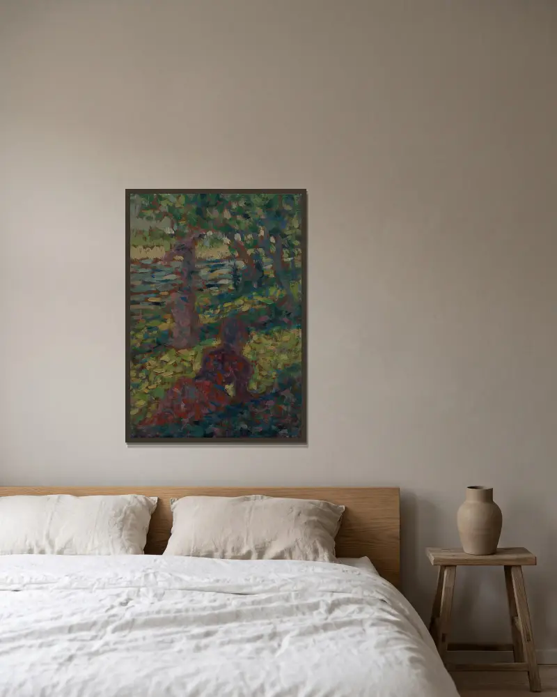 Kvinna i en park av Georges Seurat inramad på en vägg