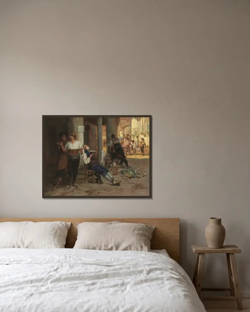 Barbier ambulant, Espagne av Jehan Georges Vibert inramad på en vägg
