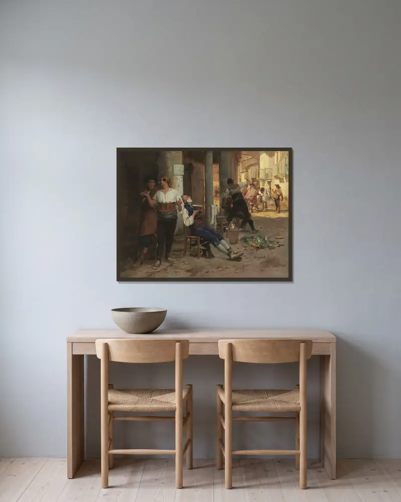 Barbier ambulant, Espagne av Jehan Georges Vibert inramad på en vägg