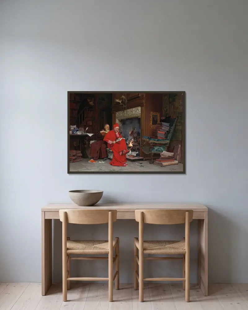 Kommittén för moraliska böcker av Jehan Georges Vibert inramad på en vägg