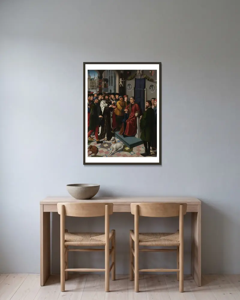 Arrest of Sisamnes by Cambyses av Gerard David inramad på en vägg